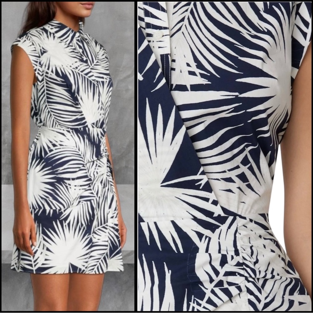 MILLY Maxwell Palm Print Poplin Dress Navy Blue & White Size 12 - Picture 2 of 15